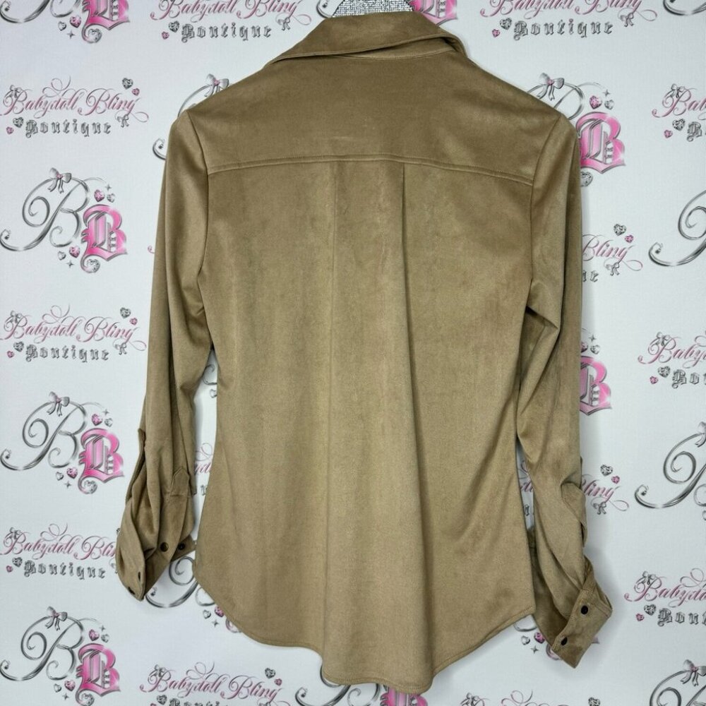 Le chateau button down blouse suede style feel fabric taupe grey brown gray - Picture 13 of 16